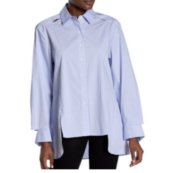 BCBG MaxAzria – Modern Blue Striped High-Low Button Front Blouse – Size Small - Picture 13 of 14